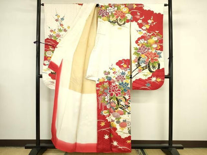 平和屋着物▼豪華振袖　駒刺繍　牡丹　花車文　金彩　正絹　逸品　DABK2917op