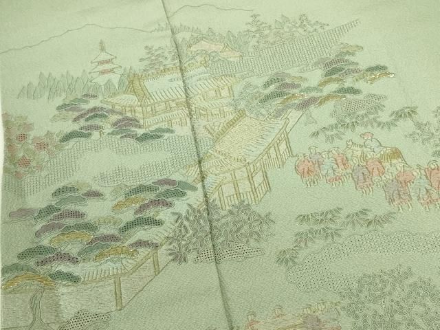 平和屋着物●中国三大刺繍　汕頭刺繍　スワトウ刺繍　総刺繍　訪問着　竹屋町刺繍　風景人物文　暈し染め　金糸　正絹　逸品　DABK2919op