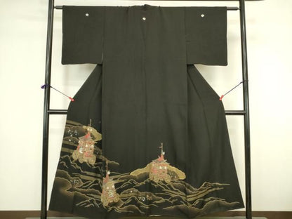 平和屋着物▼中国三大刺繍　汕頭刺繍　スワトウ刺繍　相良刺繍　総刺繍　黒留袖　山車　風景文　金銀彩　正絹　逸品　DABK2930op