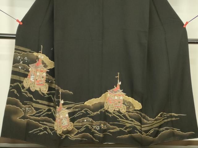 平和屋着物▼中国三大刺繍　汕頭刺繍　スワトウ刺繍　相良刺繍　総刺繍　黒留袖　山車　風景文　金銀彩　正絹　逸品　DABK2930op