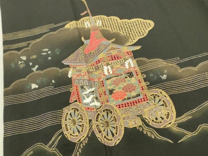 平和屋着物▼中国三大刺繍　汕頭刺繍　スワトウ刺繍　相良刺繍　総刺繍　黒留袖　山車　風景文　金銀彩　正絹　逸品　DABK2930op