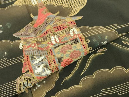 平和屋着物▼中国三大刺繍　汕頭刺繍　スワトウ刺繍　相良刺繍　総刺繍　黒留袖　山車　風景文　金銀彩　正絹　逸品　DABK2930op