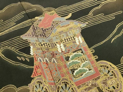 平和屋着物▼中国三大刺繍　汕頭刺繍　スワトウ刺繍　相良刺繍　総刺繍　黒留袖　山車　風景文　金銀彩　正絹　逸品　DABK2930op