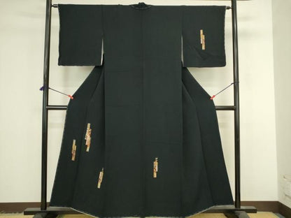 平和屋着物●訪問着　駒刺繍　総刺繍　短冊花文　濃紺地　金糸　鬼しぼ縮緬　ますいわ屋扱い　正絹　逸品　未使用　DABK2942op