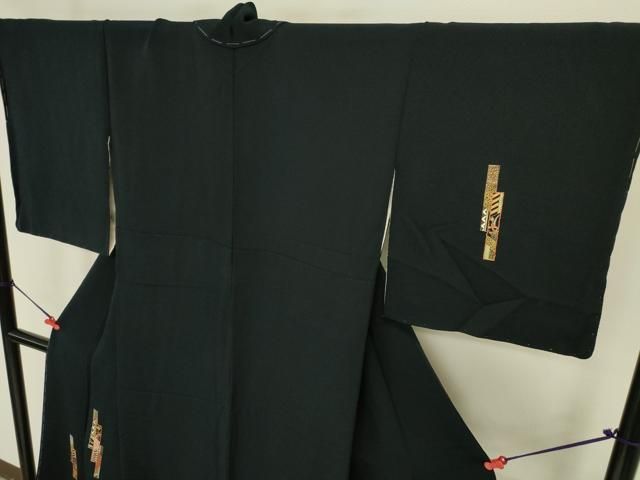 平和屋着物●訪問着　駒刺繍　総刺繍　短冊花文　濃紺地　金糸　鬼しぼ縮緬　ますいわ屋扱い　正絹　逸品　未使用　DABK2942op