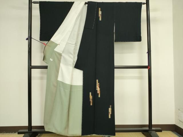 平和屋着物●訪問着　駒刺繍　総刺繍　短冊花文　濃紺地　金糸　鬼しぼ縮緬　ますいわ屋扱い　正絹　逸品　未使用　DABK2942op