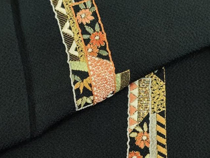 平和屋着物●訪問着　駒刺繍　総刺繍　短冊花文　濃紺地　金糸　鬼しぼ縮緬　ますいわ屋扱い　正絹　逸品　未使用　DABK2942op