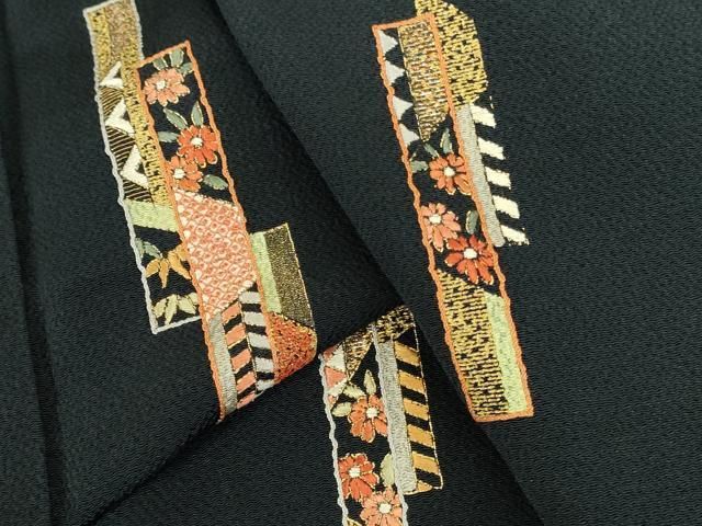 平和屋着物●訪問着　駒刺繍　総刺繍　短冊花文　濃紺地　金糸　鬼しぼ縮緬　ますいわ屋扱い　正絹　逸品　未使用　DABK2942op