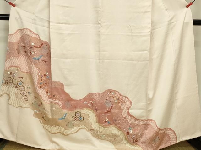 平和屋着物●豪華色留袖　刺繍　絞り　吉祥飛鶴花文　金彩　正絹　逸品　DABK2950op