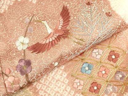 平和屋着物●豪華色留袖　刺繍　絞り　吉祥飛鶴花文　金彩　正絹　逸品　DABK2950op
