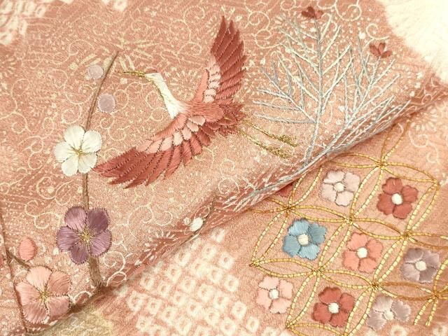 平和屋着物●豪華色留袖　刺繍　絞り　吉祥飛鶴花文　金彩　正絹　逸品　DABK2950op