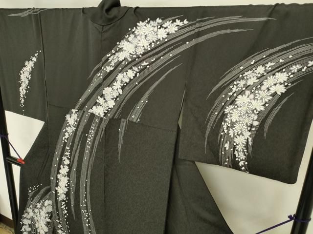 平和屋着物●訪問着　作家物　駒刺繍　舞花　黒地　ロング丈　正絹　逸品　DABK2963op