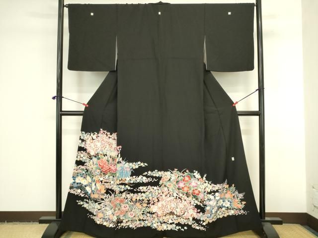 平和屋着物●豪華黒留袖　友禅　作家物　草花　正絹　逸品　DABK2976op
