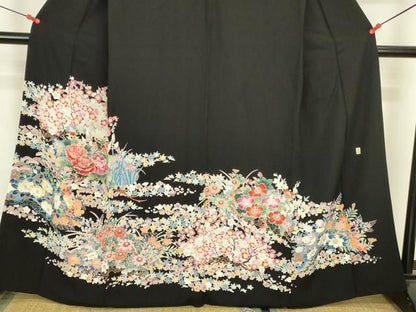 平和屋着物●豪華黒留袖　友禅　作家物　草花　正絹　逸品　DABK2976op