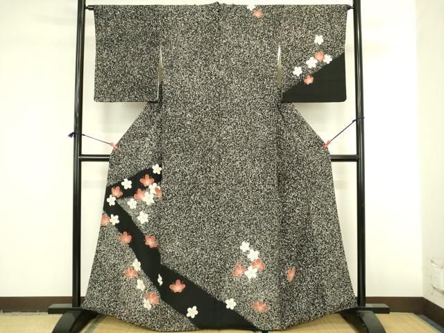 平和屋着物●訪問着　舞花　黒地　たたき染め　鬼しぼ縮緬　高島屋扱い　正絹　逸品　DABK2981op