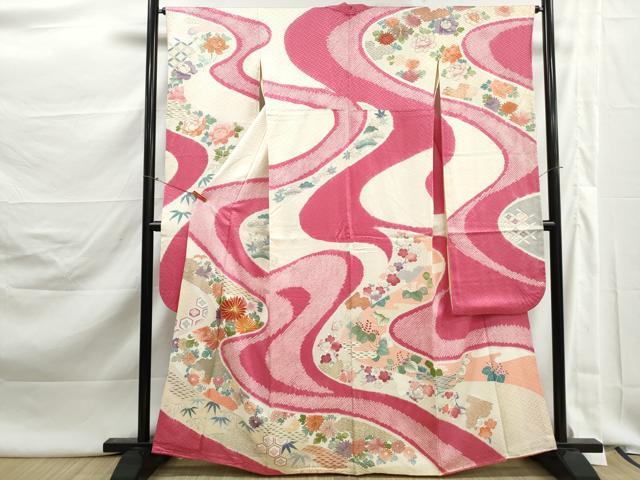 平和屋着物■豪華振袖　駒刺繍　絞り　流水草花文　松竹梅　金彩　三越扱い　正絹　逸品　DABK3029qa