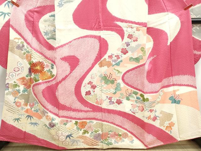 平和屋着物■豪華振袖　駒刺繍　絞り　流水草花文　松竹梅　金彩　三越扱い　正絹　逸品　DABK3029qa