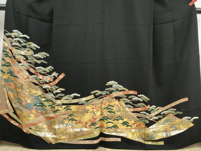 平和屋着物■豪華黒留袖　駒刺繍　渡橋風景文　松竹梅　金彩　正絹　逸品　DABK3032qa