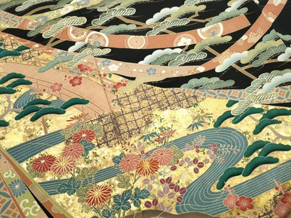 平和屋着物■豪華黒留袖　駒刺繍　渡橋風景文　松竹梅　金彩　正絹　逸品　DABK3032qa