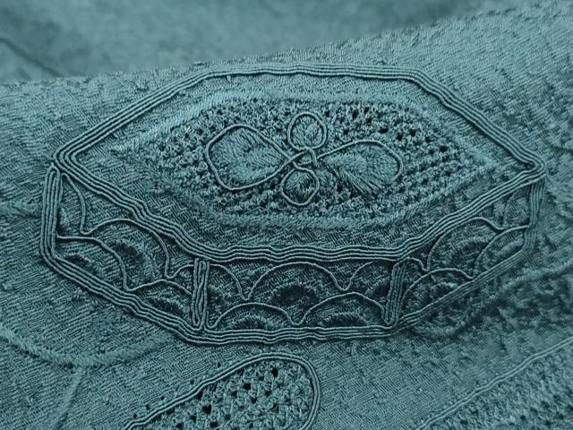 平和屋着物■中国三大刺繍　スワトウ刺繍　汕頭刺繍　色留訪問着　貝桶花文　錆浅葱色　正絹　逸品　DABK3094qa