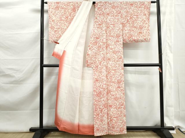 平和屋着物■上質な小紋　更紗花文　兎　鬼しぼ縮緬　正絹　逸品　DABK3111qa