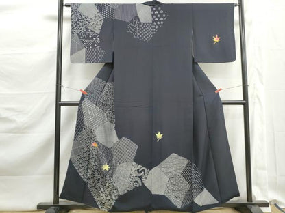 平和屋着物■訪問着　刺繍　切嵌吉祥舞楓文　黒地　金糸　正絹　逸品　DABK3122qa