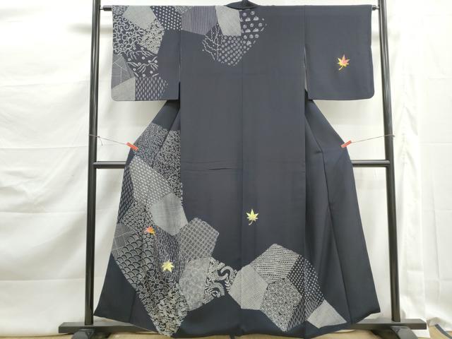 平和屋着物■訪問着　刺繍　切嵌吉祥舞楓文　黒地　金糸　正絹　逸品　DABK3122qa
