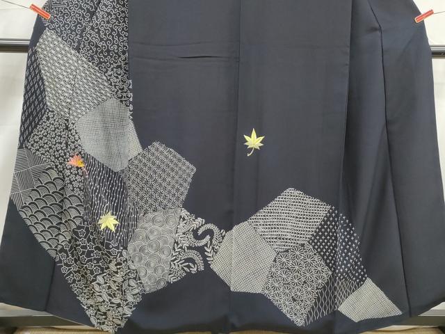 平和屋着物■訪問着　刺繍　切嵌吉祥舞楓文　黒地　金糸　正絹　逸品　DABK3122qa