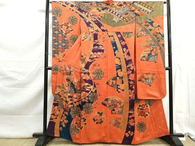 平和屋着物■豪華振袖　刺繍　渡橋扇面花文　金彩　正絹　逸品　DABK3140qa