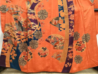 平和屋着物■豪華振袖　刺繍　渡橋扇面花文　金彩　正絹　逸品　DABK3140qa