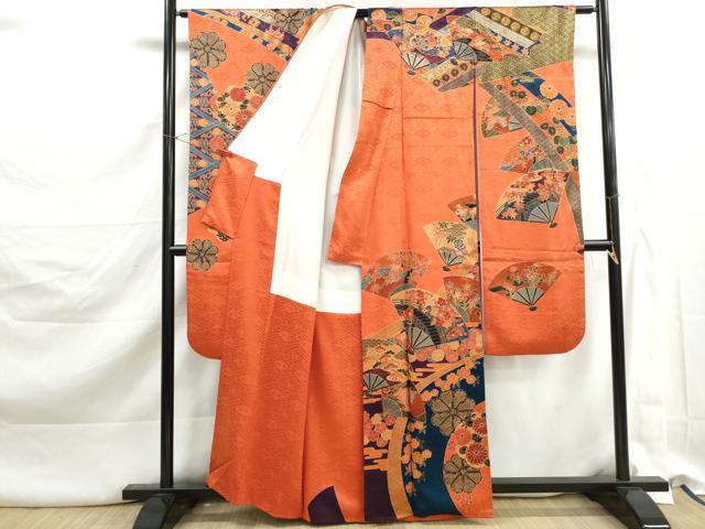平和屋着物■豪華振袖　刺繍　渡橋扇面花文　金彩　正絹　逸品　DABK3140qa