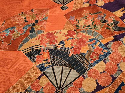 平和屋着物■豪華振袖　刺繍　渡橋扇面花文　金彩　正絹　逸品　DABK3140qa