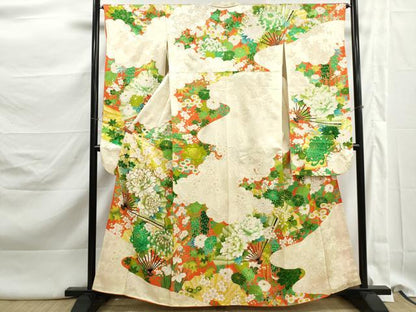 平和屋着物■豪華振袖　駒刺繍　扇面花文　牡丹　金彩　正絹　逸品　DABK3150qa