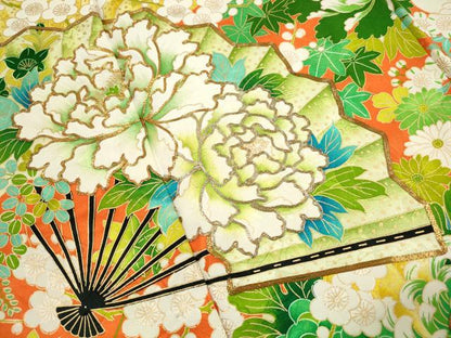 平和屋着物■豪華振袖　駒刺繍　扇面花文　牡丹　金彩　正絹　逸品　DABK3150qa