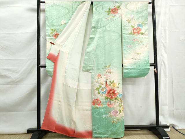 平和屋着物■訪問着　駒刺繍　孔雀花文　暈し染め　金銀糸　正絹　逸品　DABK3151qa
