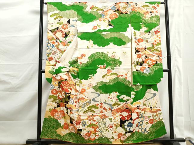 平和屋着物■豪華振袖　駒刺繍　雲取り流水花松文　金彩　正絹　逸品　DABK3152qa