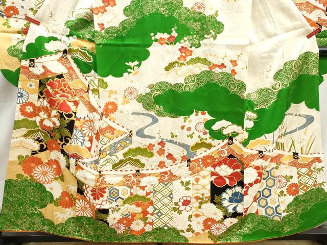 平和屋着物■豪華振袖　駒刺繍　雲取り流水花松文　金彩　正絹　逸品　DABK3152qa