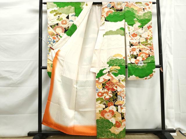 平和屋着物■豪華振袖　駒刺繍　雲取り流水花松文　金彩　正絹　逸品　DABK3152qa