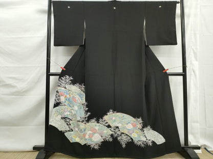 平和屋着物■豪華黒留袖　刺繍　地紙孔雀花文　牡丹　金糸　正絹　逸品　DABK3160qa