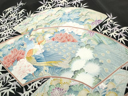 平和屋着物■豪華黒留袖　刺繍　地紙孔雀花文　牡丹　金糸　正絹　逸品　DABK3160qa