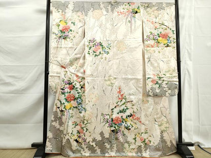 平和屋着物■豪華振袖　駒刺繍　草花文　金彩　正絹　逸品　DABK3161qa