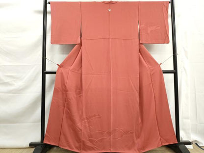 平和屋着物■上質な色無地　雲取り芝地紋　薄緋色　正絹　逸品　DABK3166qa