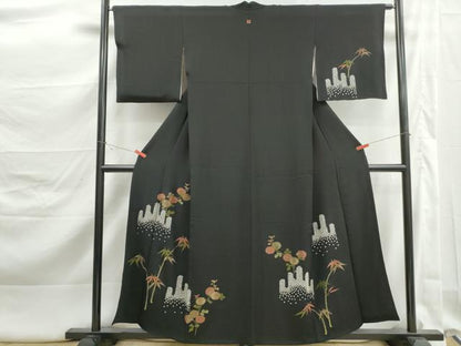 平和屋着物■訪問着　絞り　笹竹花文　黒地　金糸　正絹　逸品　DABK3245qa