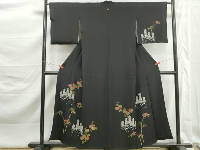 平和屋着物■訪問着　絞り　笹竹花文　黒地　金糸　正絹　逸品　DABK3245qa