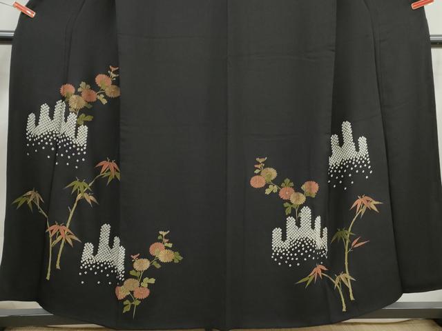 平和屋着物■訪問着　絞り　笹竹花文　黒地　金糸　正絹　逸品　DABK3245qa