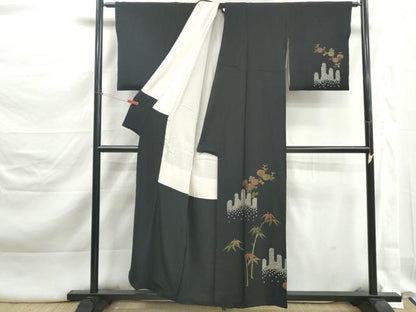 平和屋着物■訪問着　絞り　笹竹花文　黒地　金糸　正絹　逸品　DABK3245qa