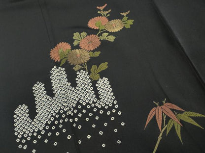 平和屋着物■訪問着　絞り　笹竹花文　黒地　金糸　正絹　逸品　DABK3245qa