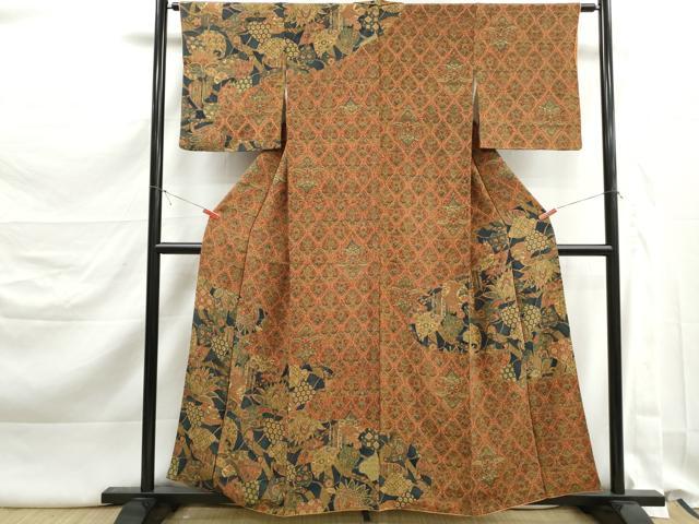 平和屋着物■上質な紬　更紗花菱文　鬼しぼ縮緬　正絹　逸品　DABK3259qa