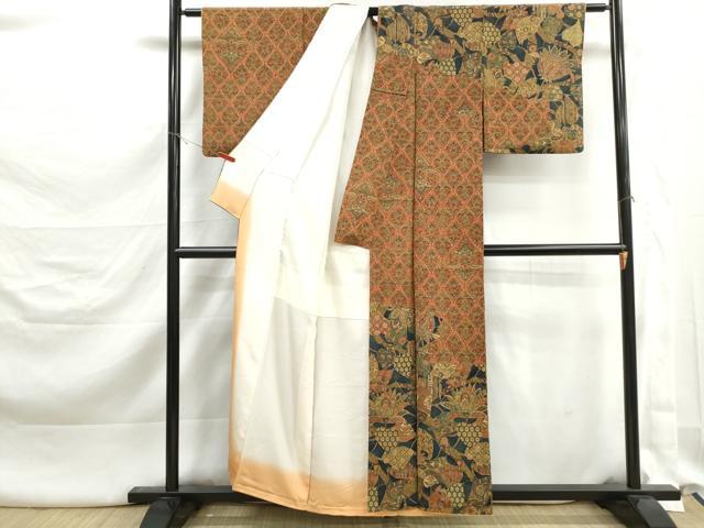 平和屋着物■上質な紬　更紗花菱文　鬼しぼ縮緬　正絹　逸品　DABK3259qa