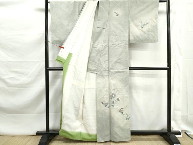 平和屋着物■訪問着　紬地　手描き　草花文　暈し染め　金彩　正絹　逸品　DABK3271qa